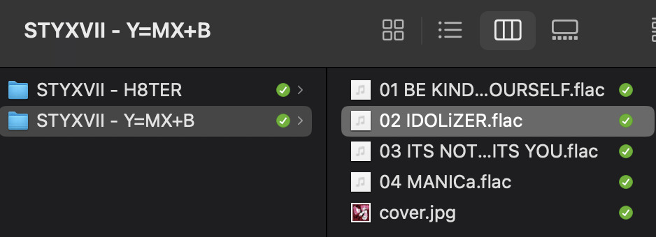 macOS finder screenshot of a folder with STYXVII's Y=MX+B album. each track is named with its track number followed by the track name