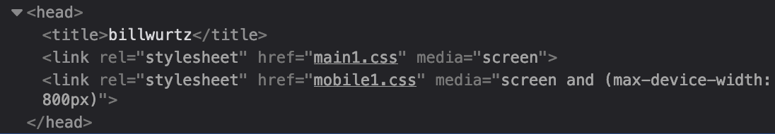 screenshot of the source code for bill wurtz's site. two stylesheets are loaded, called "main1.css" and "mobile1.css"