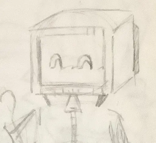 pencil sketch of 573-L, a humanoid robot with a chunky monitor as a head which displays eyes in a happy closed expression. it wears a long-sleeved sweater with a techwear-esque shrug top and shorts. it poses with one hand sort of waving and one at its side. it has a long cord tail with a charging plug at the end.